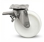 Rostfritt stålsvänghjul med broms. Pressad rostfri stål, plattmontering, polyamidhjul, glidlager, hjul-Ø 125mm, 450KG