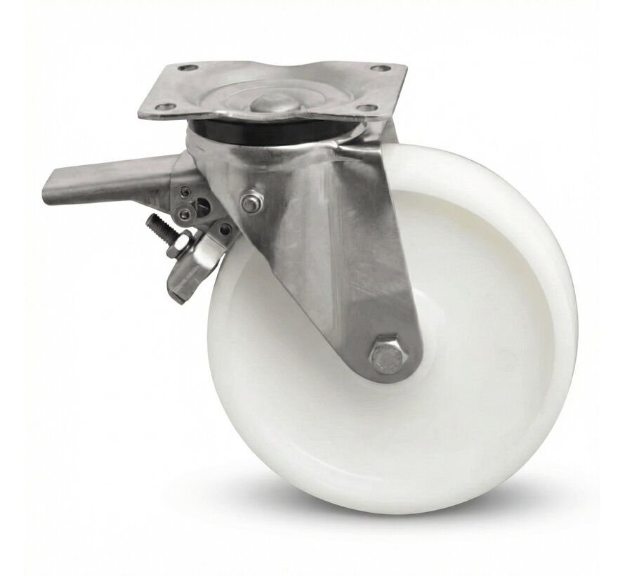 Rostfritt stålsvänghjul med broms. Pressad rostfri stål, plattmontering, polyamidhjul, glidlager, hjul-Ø 125mm, 450KG