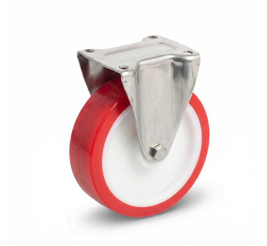 Stainless Steel Fixed caster from Stainless Steel Pressed, plate fitting, Injected polyurethane, plain bearing, Wheel-Ø 125mm, 300KG