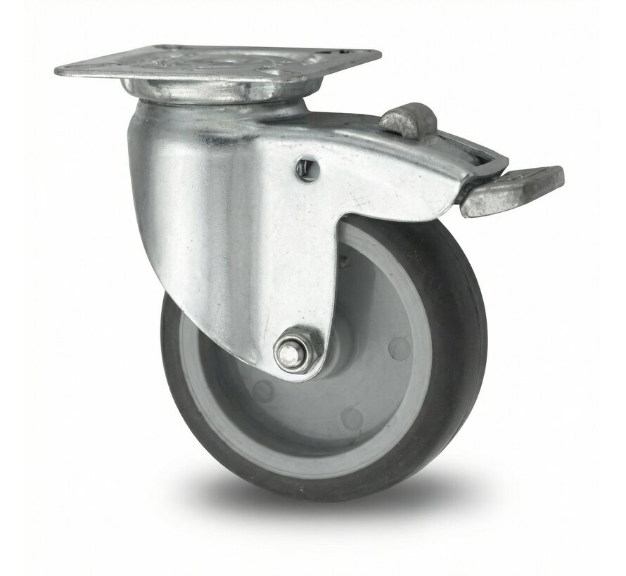 Apparatus swivel caster with brake from pressed steel, plate fitting, thermoplastic rubber grey non-marking, plain bearing, Wheel-Ø 100mm, 80KG