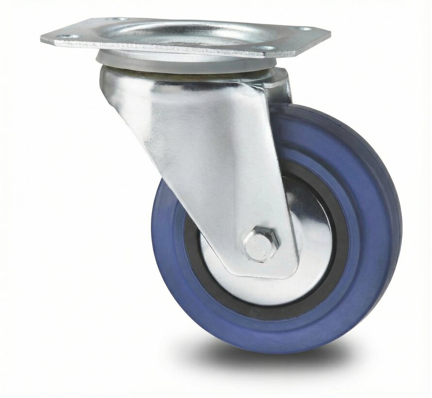 Carrelli per Movimentazione Industriale Ruota girevole  lamiera stampata, attacco a piastra, gomma elastica, mozzo su cuscinetto a rulli, Ruota -Ø 125mm, 150KG