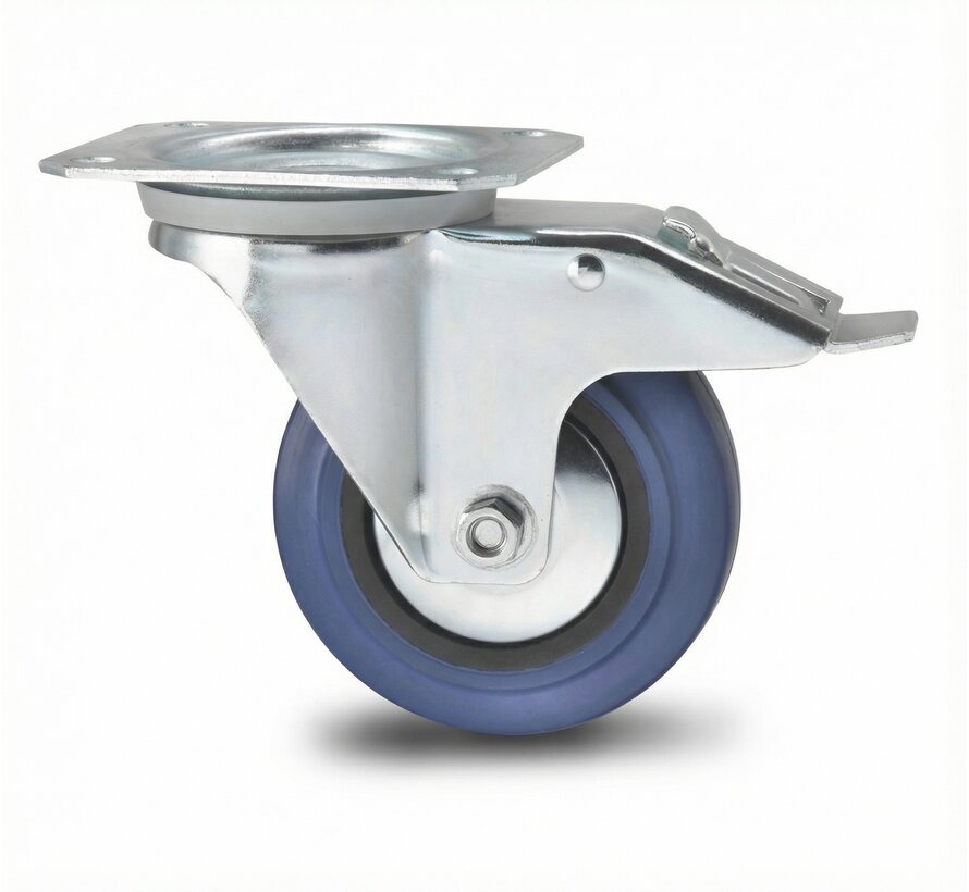 Carrelli per Movimentazione Industriale Ruota girevole con freno  lamiera stampata, attacco a piastra, gomma elastica, mozzo su cuscinetto a rulli, Ruota -Ø 100mm, 150KG