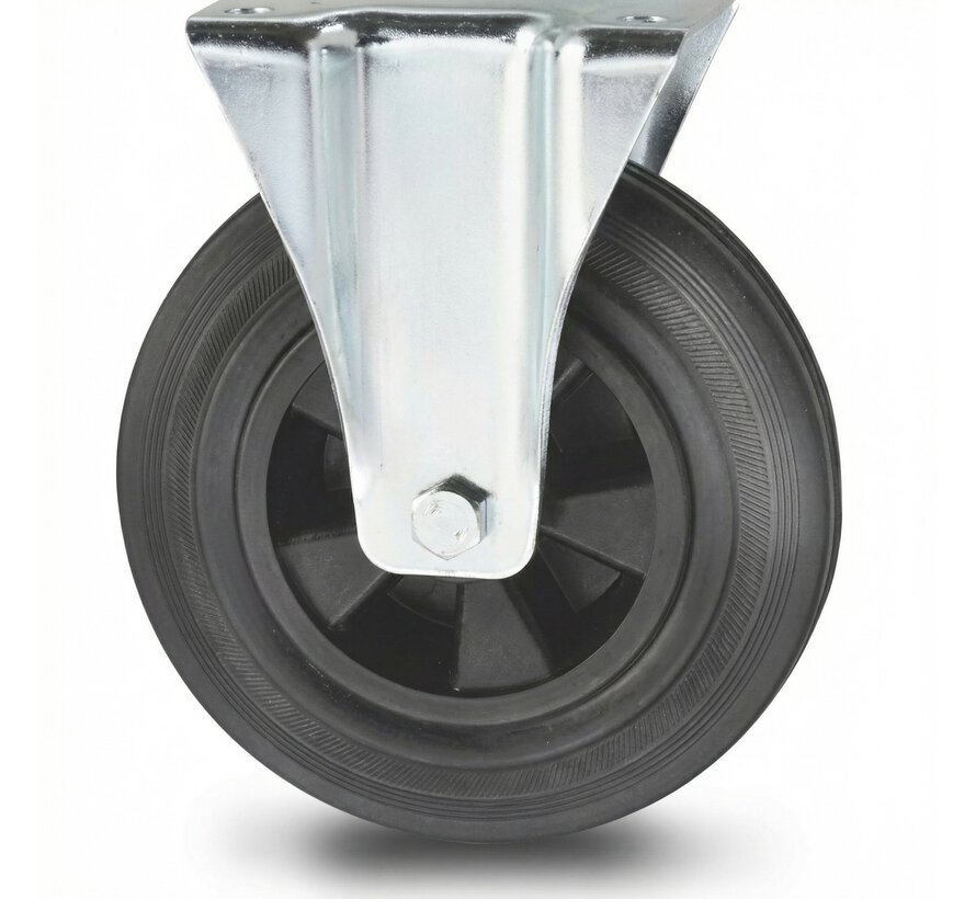 Transportgeräte Bockrolle aus Stahlblech, Plattenbefestigung, schwarzem Vollgummi, Rollenlager, Rad-Ø 100mm, 80KG