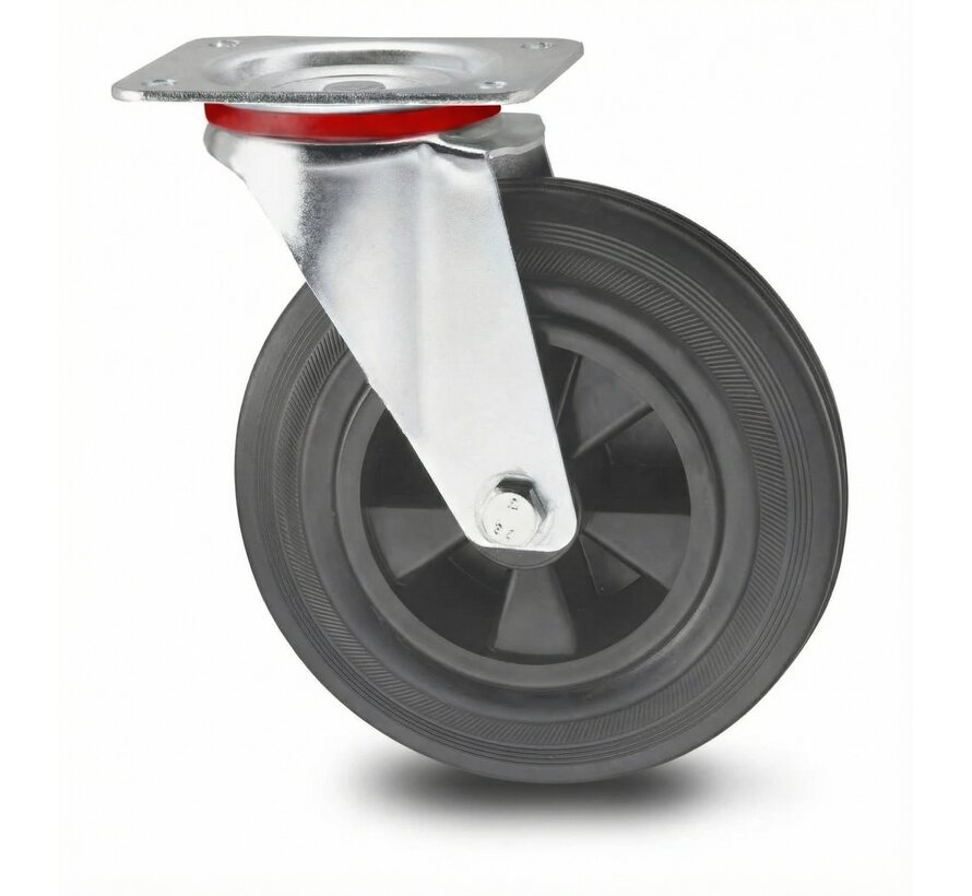 Industrial Swivel caster from pressed steel, plate fitting, rubber, black, roller bearing, Wheel-Ø 125mm, 100KG