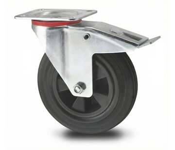 Roda giratória travão, Ø 125mm, goma negra, 100KG