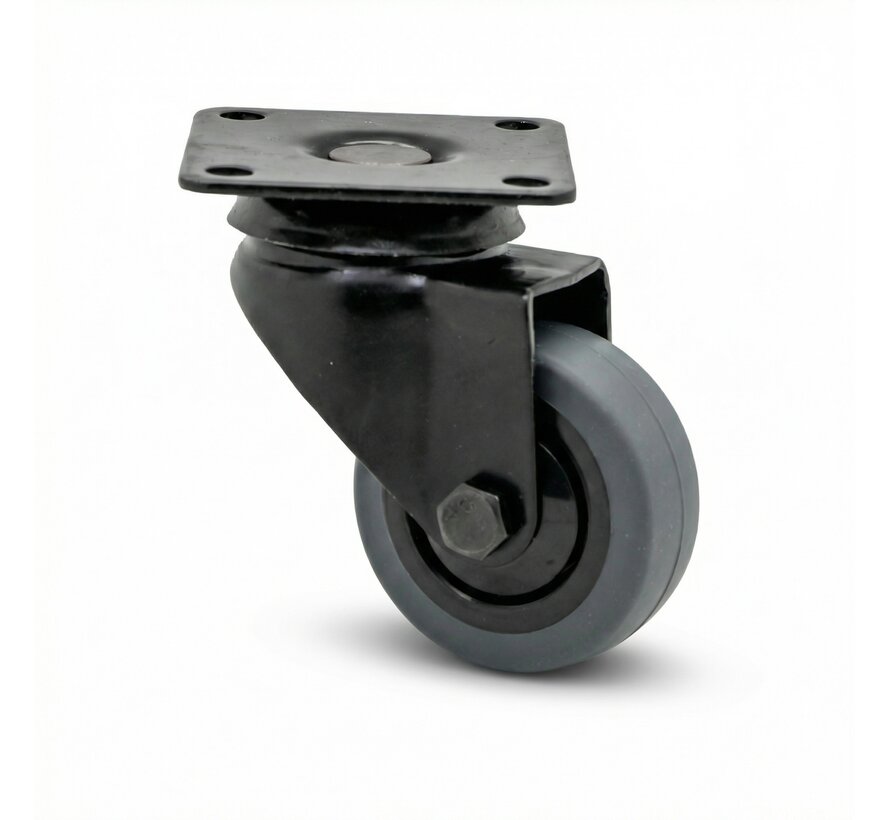 Schwarze Apparate-Lenkrolle aus Stahlblech, Plattenbefestigung, Thermoplastischer Gummi grau-spurlos, Präzisionskugellager, Rad-Ø 50mm, 50KG