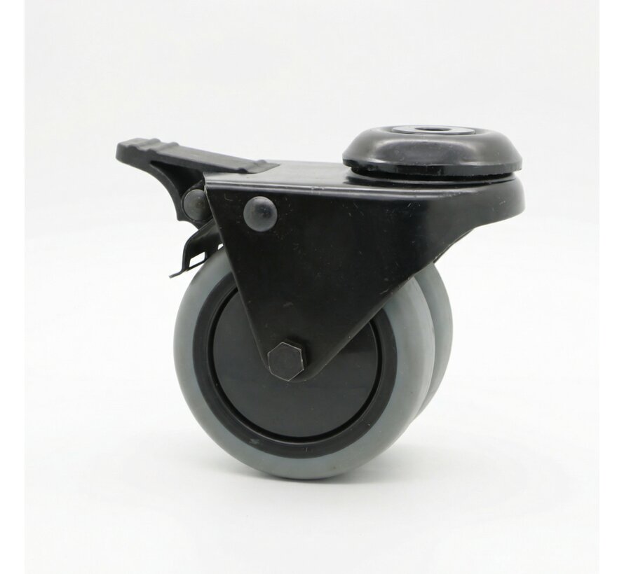 Black apparatus swivel caster with brake from pressed steel, bolt hole, Polypropylene Wheel, ball bearing, Wheel-Ø 75mm, 100KG