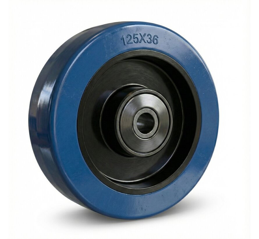 Wheel, Ø 125mm, vulcanised blue elastic rubber tyre with plastic threaded caps 200KG