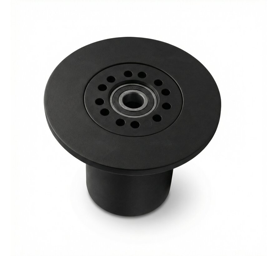 Rullo flangiato POM diametro 163 mm per asse 20 mm per carri raccolta su sistema tubo-rotaia chiamato anche "rullo a tromba Konijnenburg"