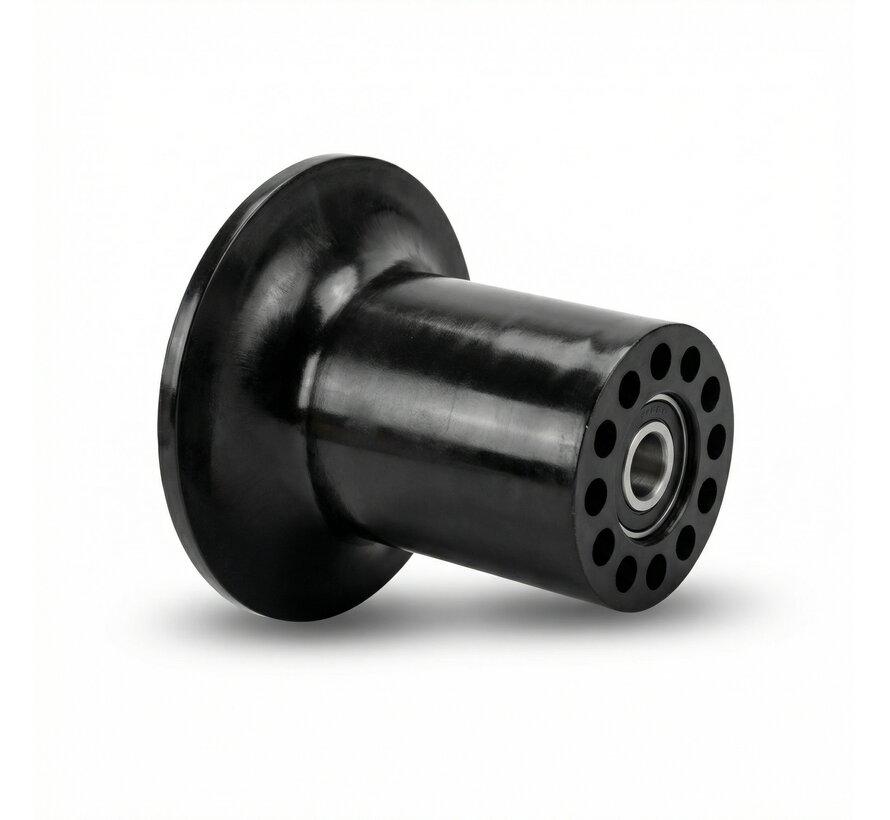 Flange roller POM 163mm diameter for axle 20mm for harvest wagons on tube-rail system also called the "Konijnenburg trumpet roller"