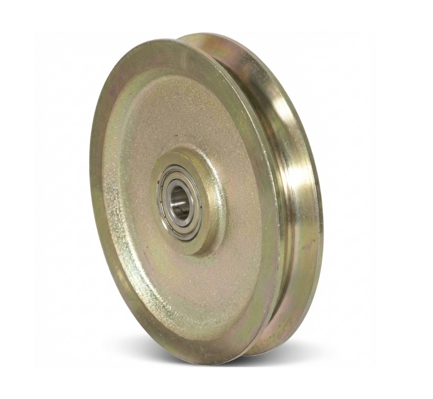 Rueda industrial con ranura en V de Ø245 mm, construcción de acero macizo, rodamiento de bolas de precisión, para rieles de suelo o rieles, capacidad de carga de 1700 kg.