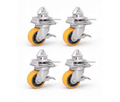4 x castor wheels with twist-lock mechanisms which are easy to fit onto the corner castings of standard intermodal shipping containers