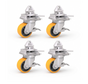 4 roulettes pivotantes avec système de blocage par rotation, faciles à installer sur les coins des conteneurs intermodaux standard.