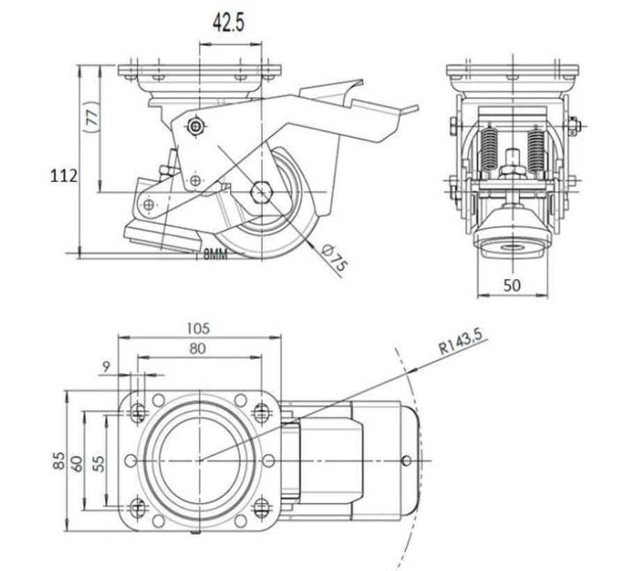 Fotnivellerande hjul med 75x40mm polyuretan slitbana, lastkapacitet 300kg