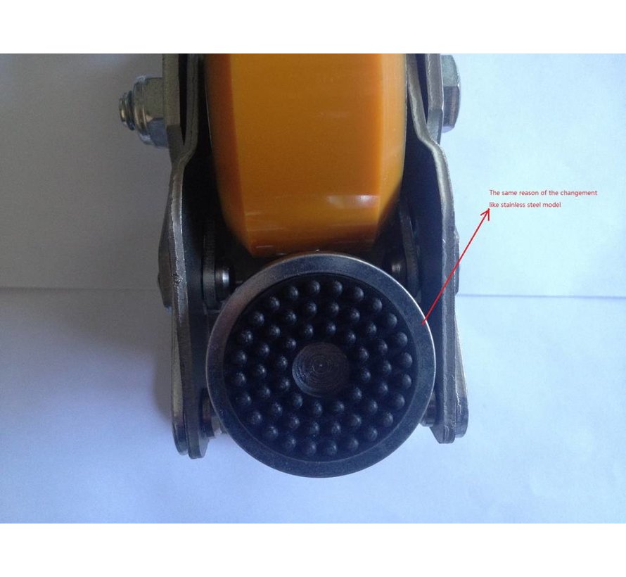 Foot operated Leveling Caster with 75x40mm polyurethane wheel tread, load capacity 300KG.