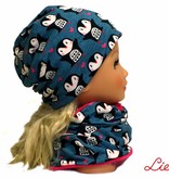 Mütze-Loopschal Set mit Fleece, Pinguine auf jeansblau, für Kopfgrößen 46-56 cm