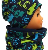 Warme Kindermütze mit passendem Loopschal, Zootiere dunkelblau grün