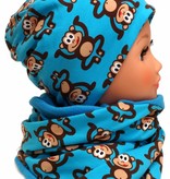Warme Kindermütze / Wintermütze mit passendem Loopschal, Affen auf blau
