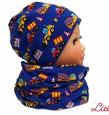 Warme Kindermütze / Wintermütze mit passendem Loopschal, Bagger auf blau