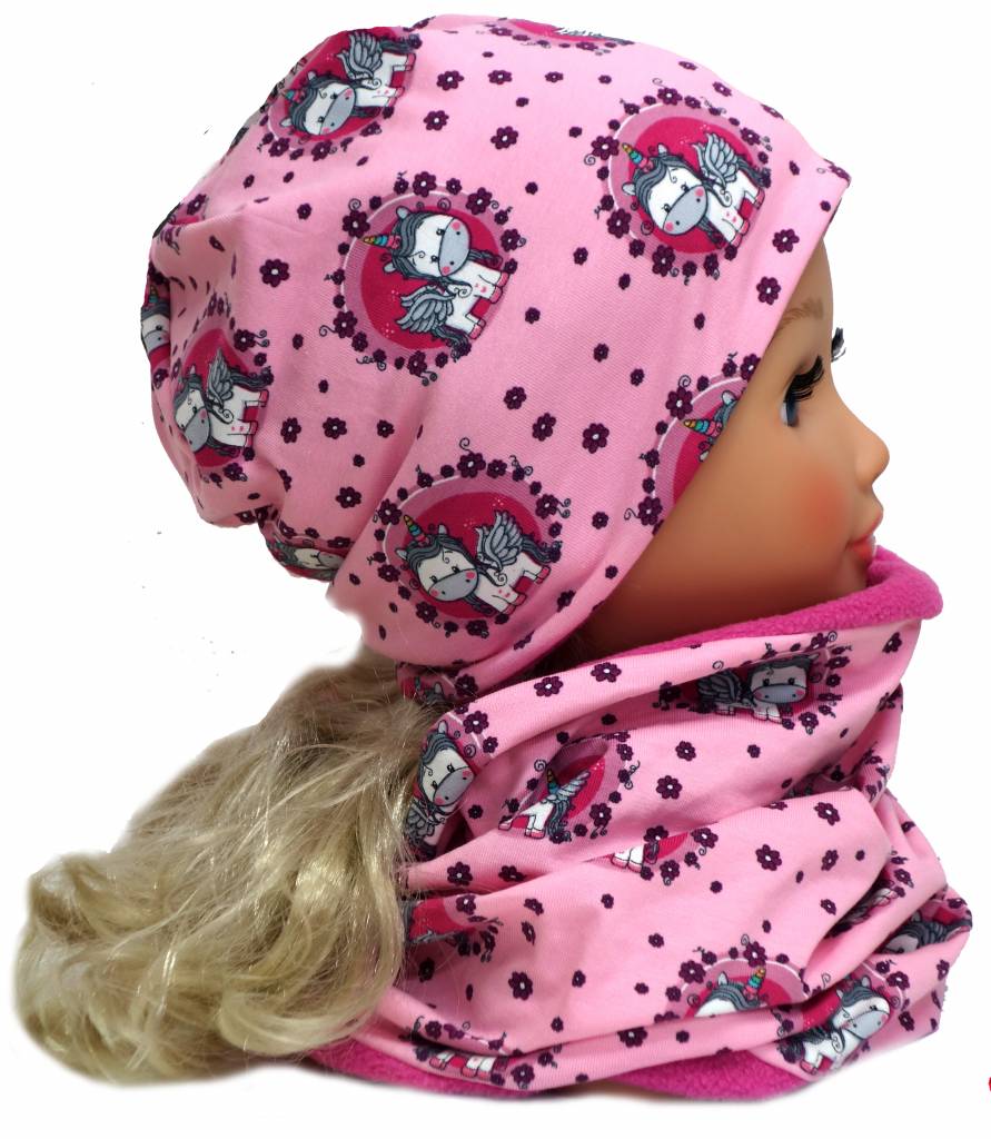 Kindermütze, Wintermütze mit Fleece, Einhörner rosa