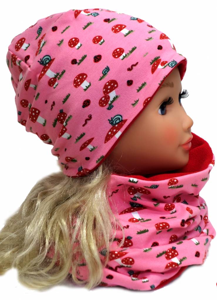 Kindermütze, Beanie Mütze, Fliegenpilz rosa, mit Baumwolle gefüttert