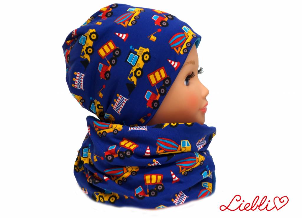 Kindermütze, Beanie Mütze, Bagger auf blau, mit Baumwolle gefüttert