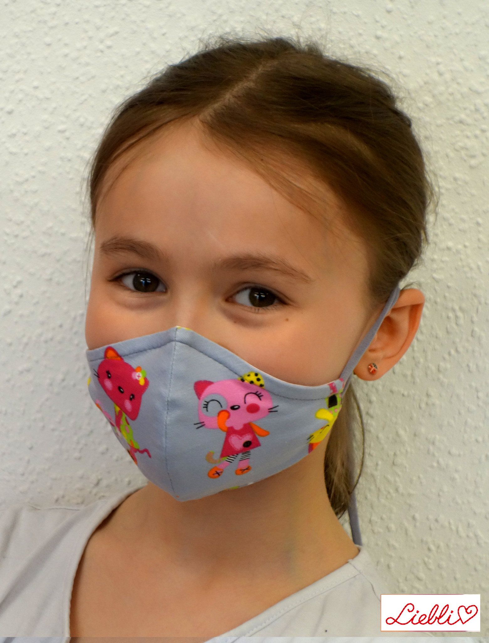 Kindermaske, Kinder Mundschutz, Mund-Nasen-Maske Katzen grau pink (auch für Erwachsene)