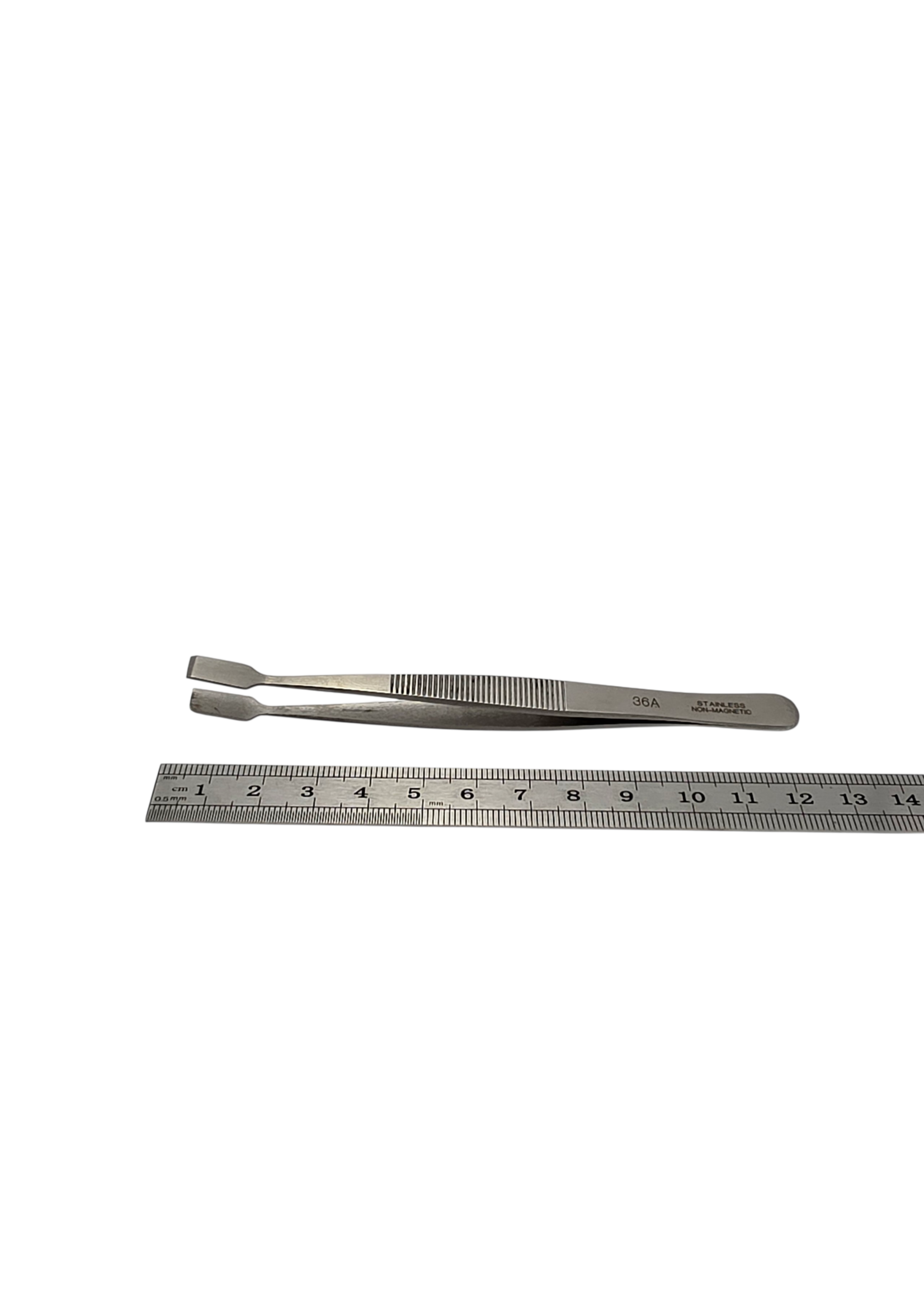 Antimagnetische Edelstahl Pinzette gerade 120 mm mit breiter flacher leicht abgewinkelter Spitze