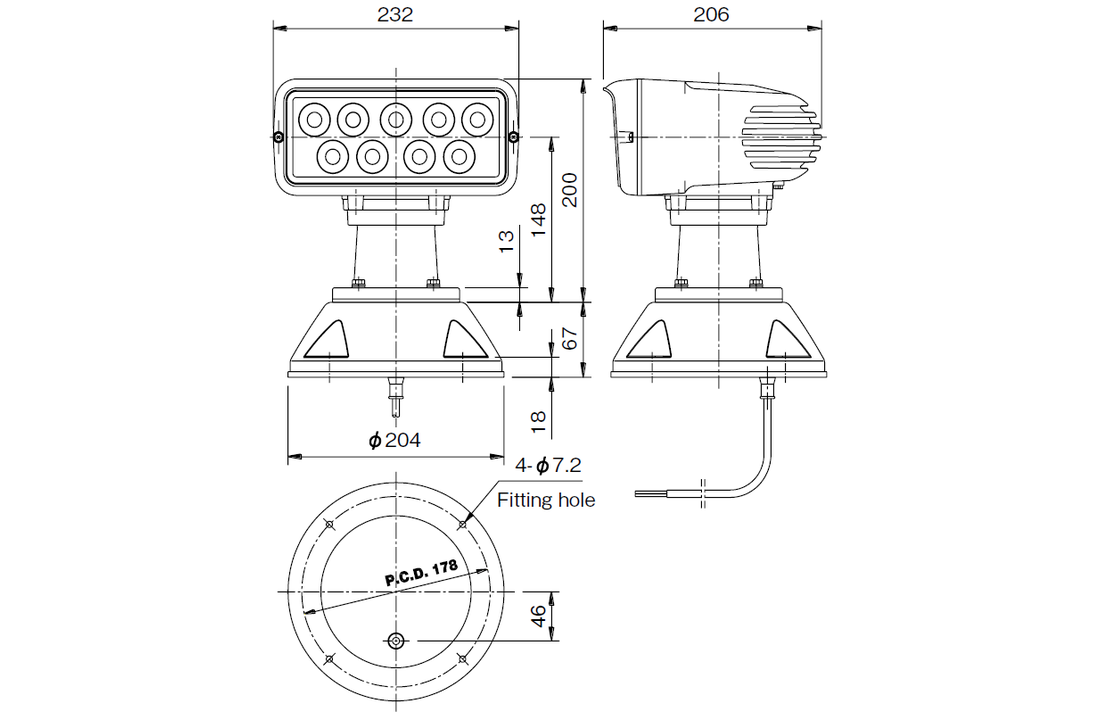 7x3 "LED-Kabinen-Suchscheinwerfer für drahtlose Steuerung (12 - 24 VDC / 38 W) mit Lampe, Fernbedienung und Kabel