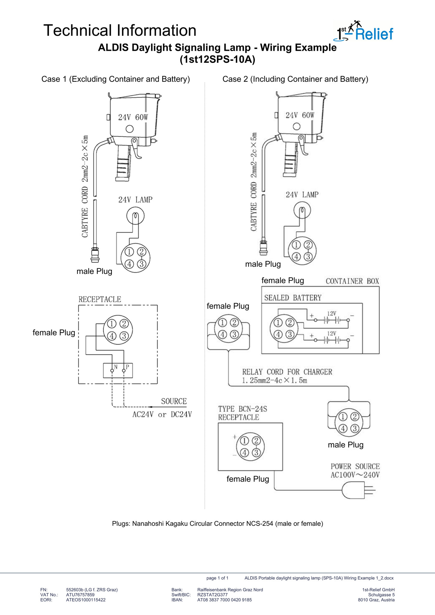 Câble de connexion entre le chargeur BCN-24S et le boîtier conteneur pour lampe portable ALDIS