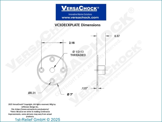 VersaChock – Deckplatte mit Gewinde – 50 mm Außendurchmesser/M10-Gewinde – Edelstahl 316 (einschließlich Trägerplatte)