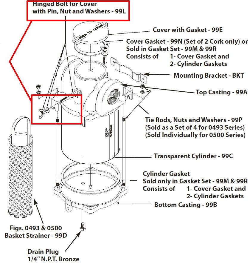 Inlaatwaterfilter - Reserve scharnierende bout voor deksel met pen, moer en ringen