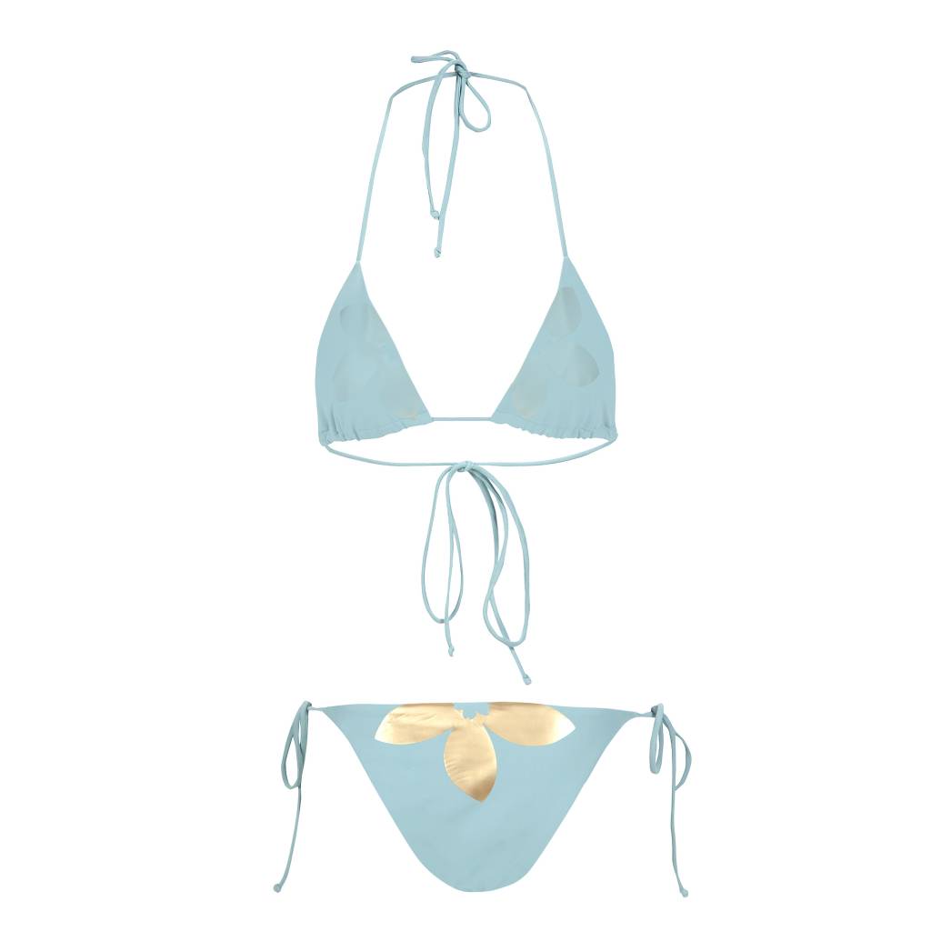 Baby Blue triangle bikini with golden flower - Amor Mondial