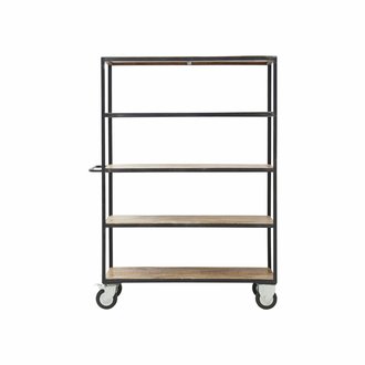 House Doctor Zwart metalen trolley met houten planken -hoog model-