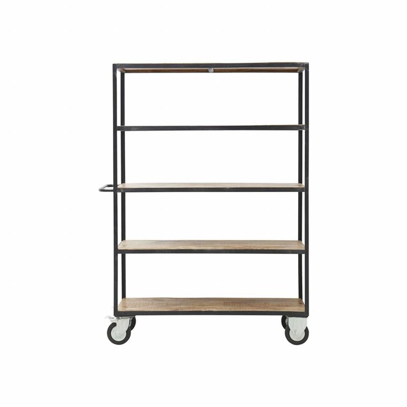 House Doctor-collectie Zwart metalen trolley met houten planken -hoog model-