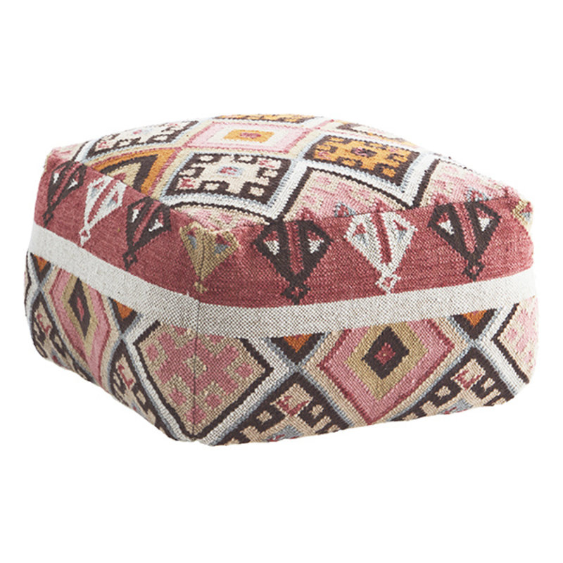 Madam Stoltz-collectie Woven wool pouf Raspberry, coral, brown, orange, sand, beige, grey 60x60x35 cm