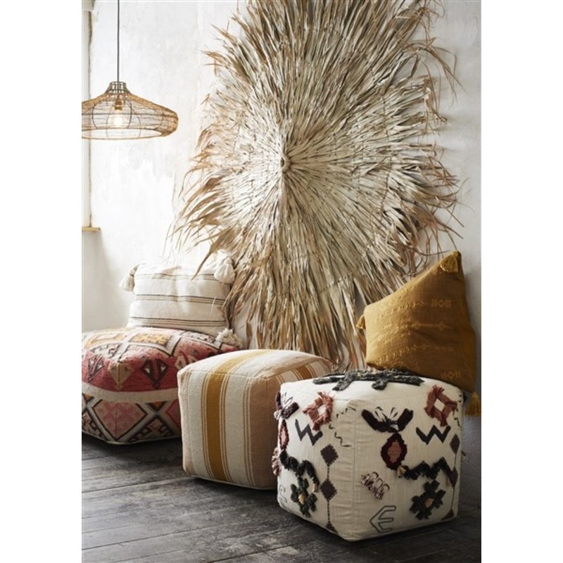 Madam Stoltz-collectie Woven wool pouf Raspberry, coral, brown, orange, sand, beige, grey 60x60x35 cm