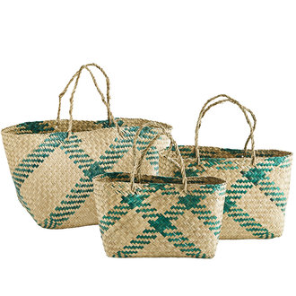 Madam Stoltz Set van 3 zeegras tassen met hengsel naturel -groen