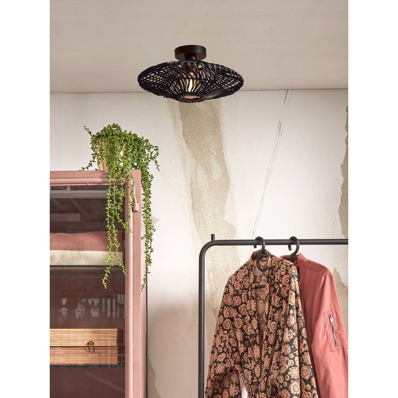 Good&Mojo-collectie Ceiling lamp Zanzibar S rattan/flat dia.40xh.12cm. black