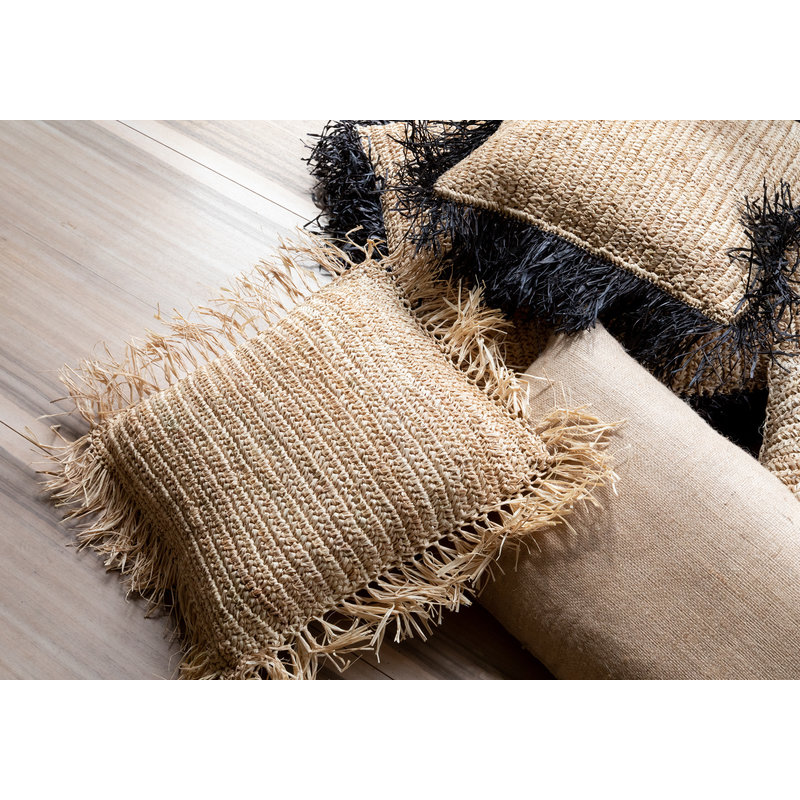 Bazar Bizar Raffia Kussenhoes - Vierkant - Naturel Zwart - 40x40