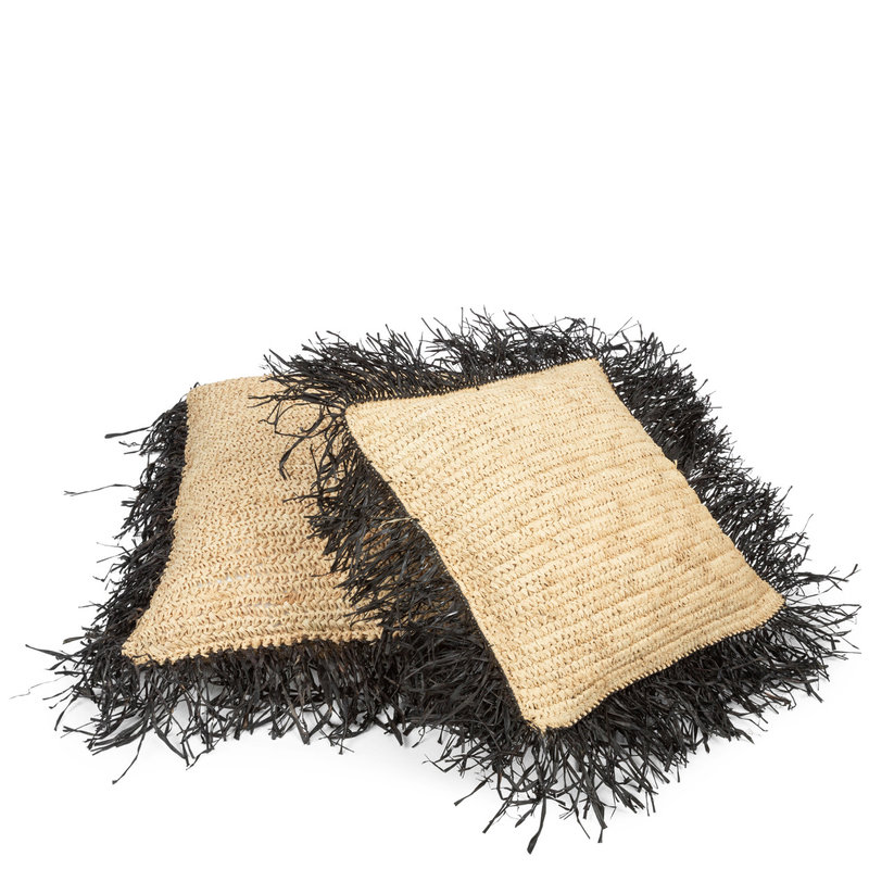 Bazar Bizar Raffia Kussenhoes - Vierkant - Naturel Zwart - 40x40