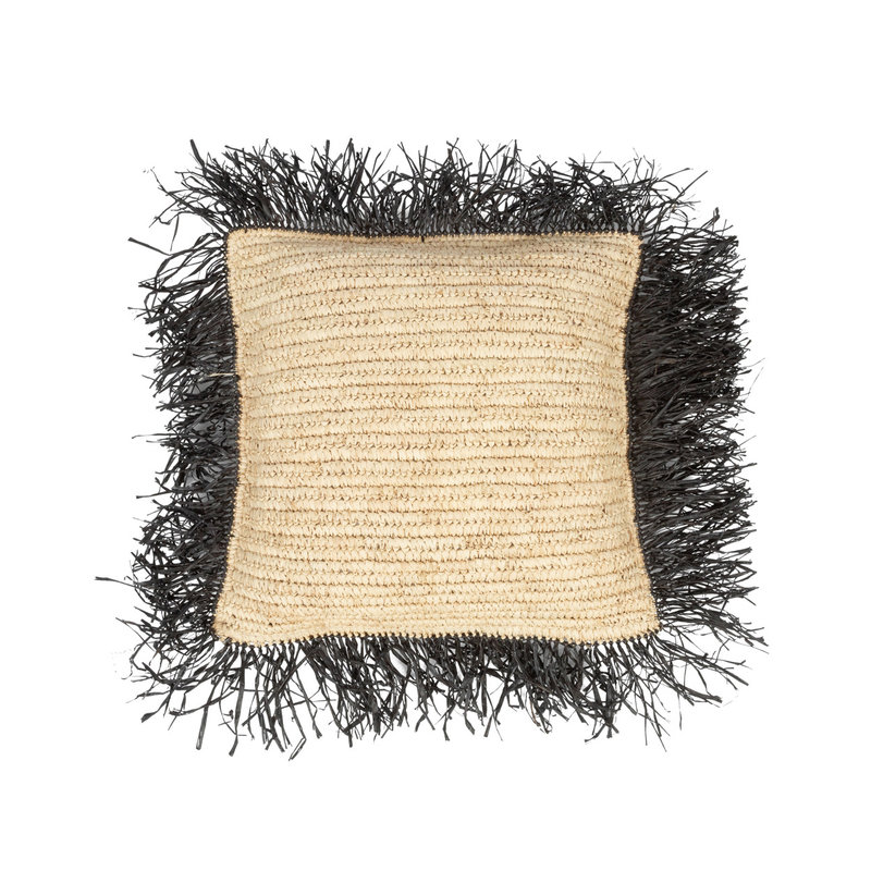 Bazar Bizar-collectie Raffia Kussenhoes - Vierkant - Naturel Zwart - 40x40