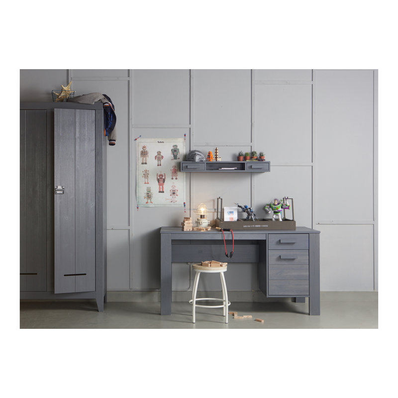 WOOOD-collectie Dennis Bureau Grenen Steel Grey Geborsteld