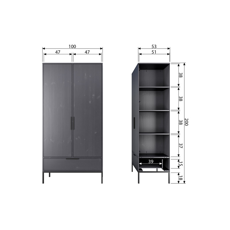 WOOOD-collectie Adam 2-deurs Kast Grenen Steel Grey