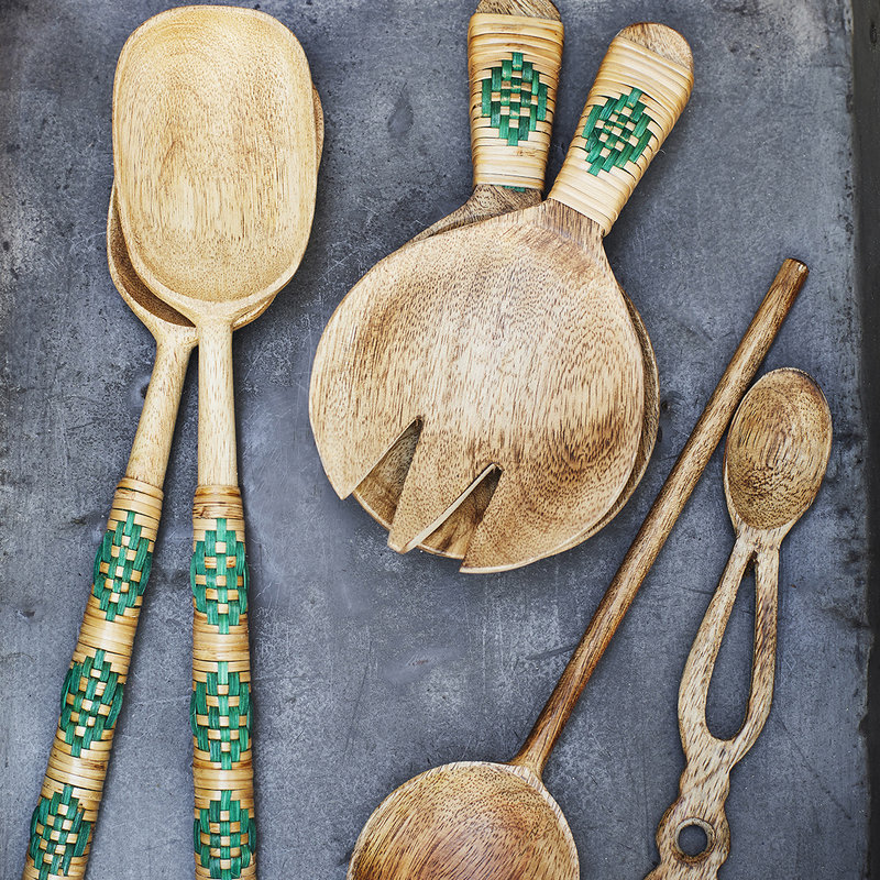 Madam Stoltz-collectie Wooden serving set w/ bamboo, Natural, green