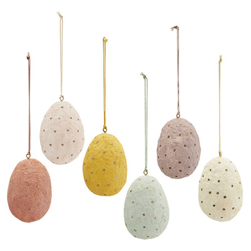 Madam Stoltz-collectie Hanging eggs w/ dots, Geel, powder, jade, brick, vanilla, lilac, gold