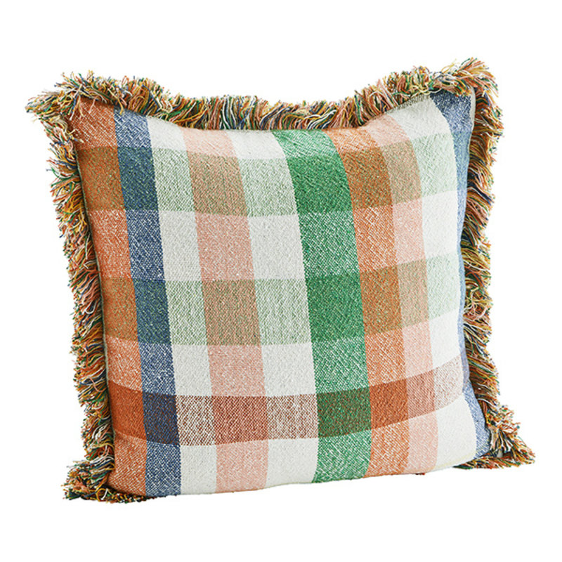 Madam Stoltz-collectie Checked cushion cover w/ fringes, Sorbet multi coloured