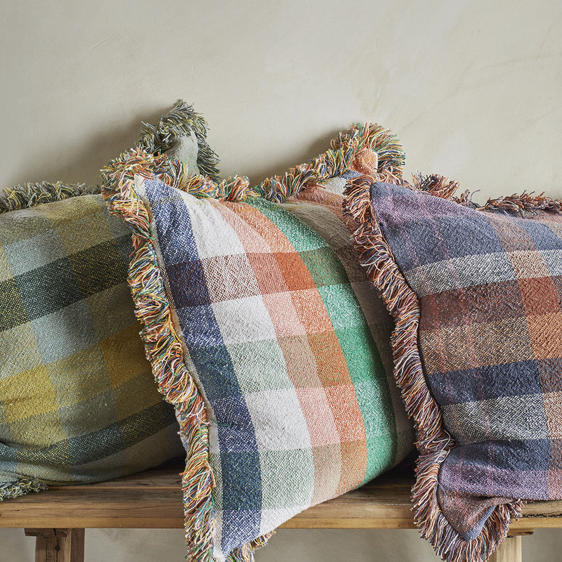 Madam Stoltz-collectie Checked cushion cover w/ fringes, Sorbet multi coloured