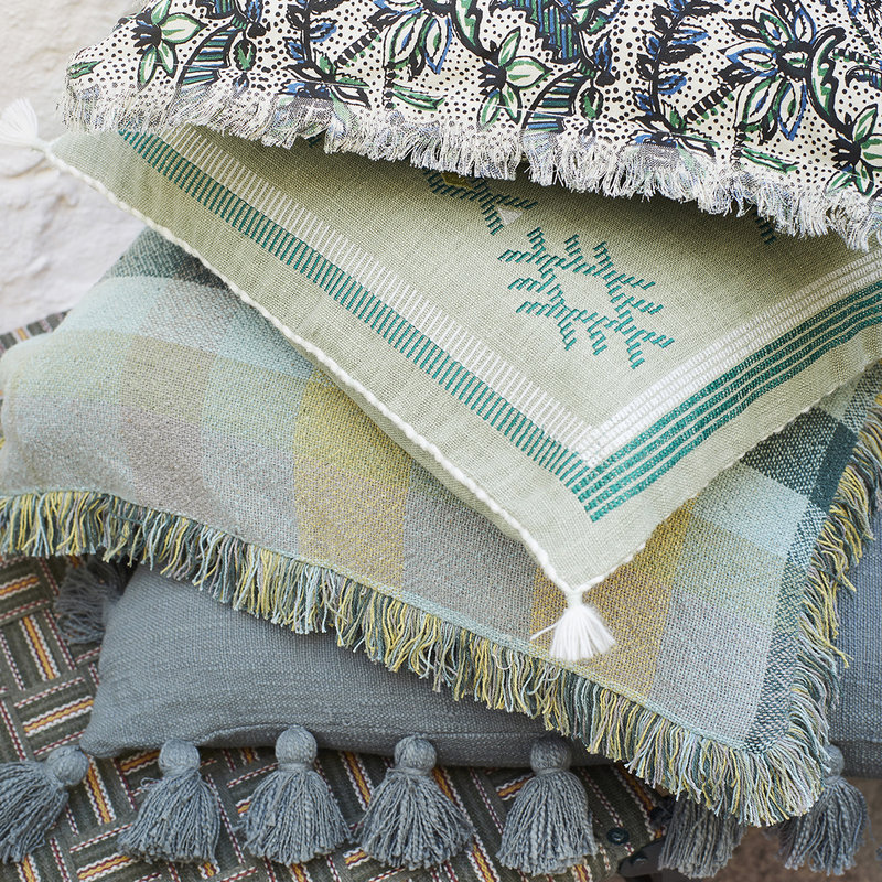 Madam Stoltz-collectie Handwoven cushion cover, Sage, green, white, Geel