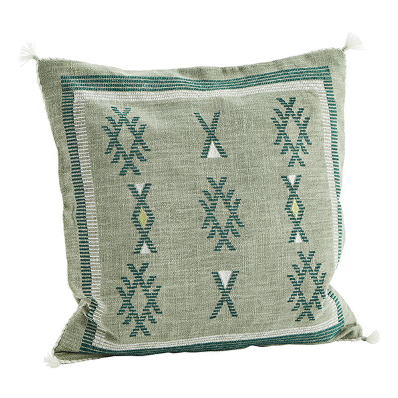 Madam Stoltz-collectie Handwoven cushion cover, Sage, green, white, Geel